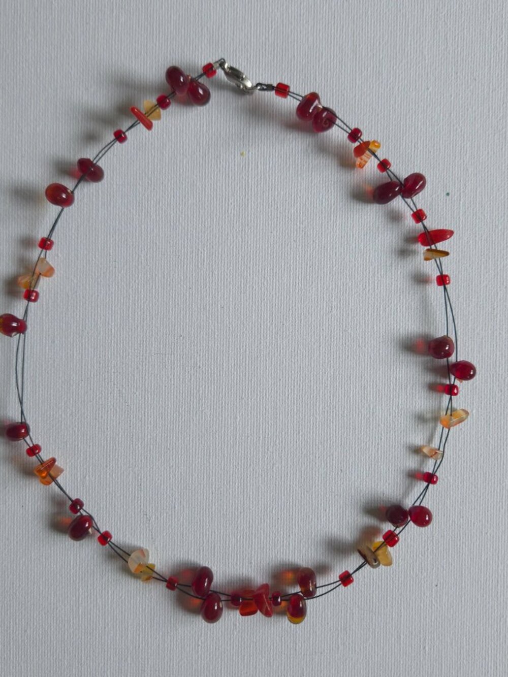 Red Amber Floating Bead Illusion Necklace Double Strand Teardrop Chip Choker